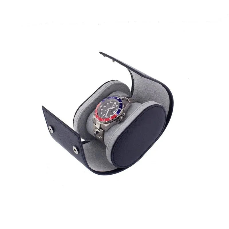 Single Watch Roll in Navy Blue Saffiano Real Leather with Super Soft Lining