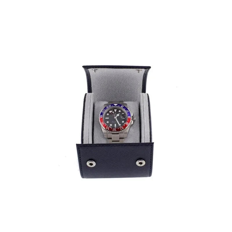 Single Watch Roll in Navy Blue Saffiano Real Leather with Super Soft Lining