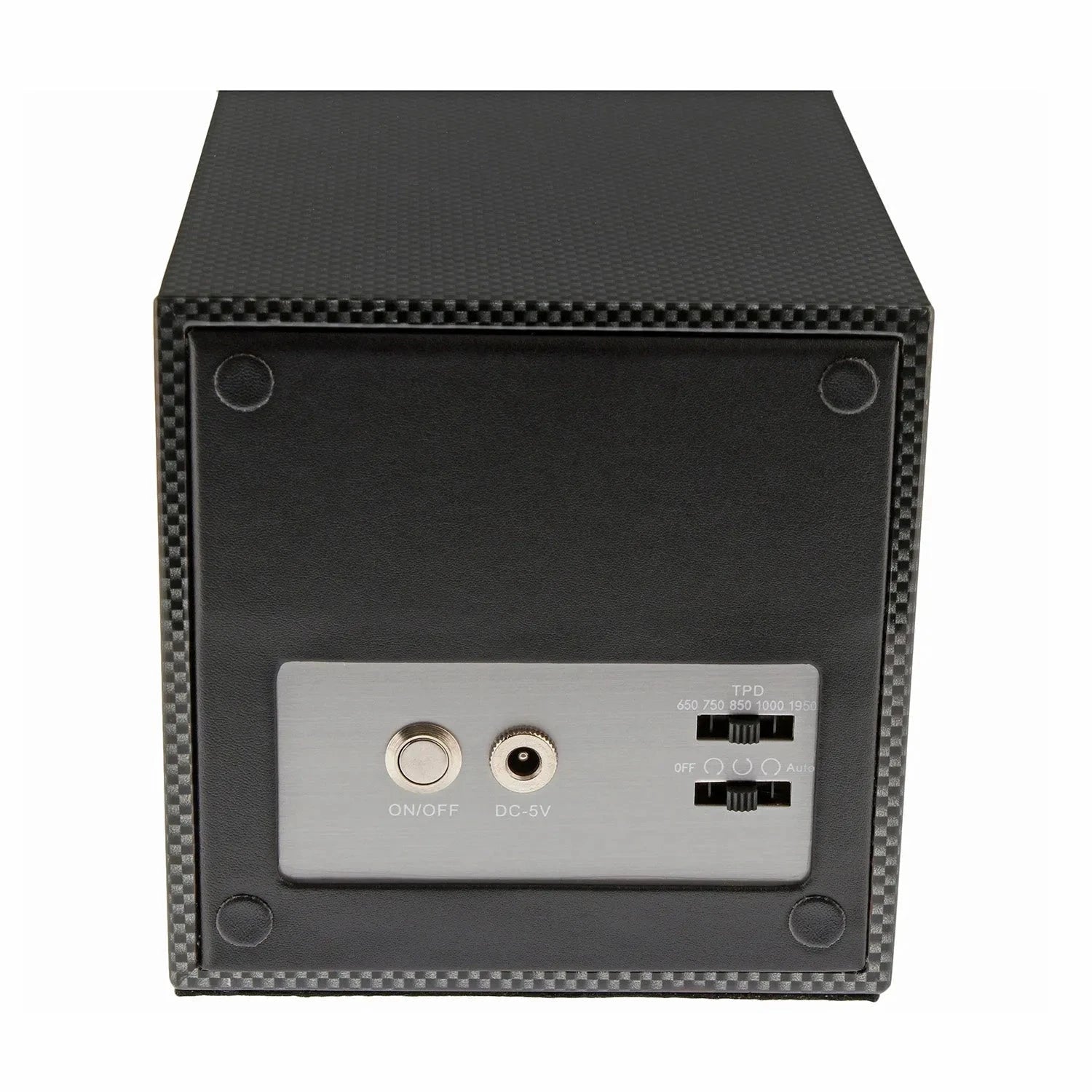 Rear view of Aevitas black watch winder showing power switch, DC input, and rotation control knobs on a textured base.