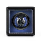 Single Watch Winder Black Leather Blue Lining Mains or Battery by Aevitas