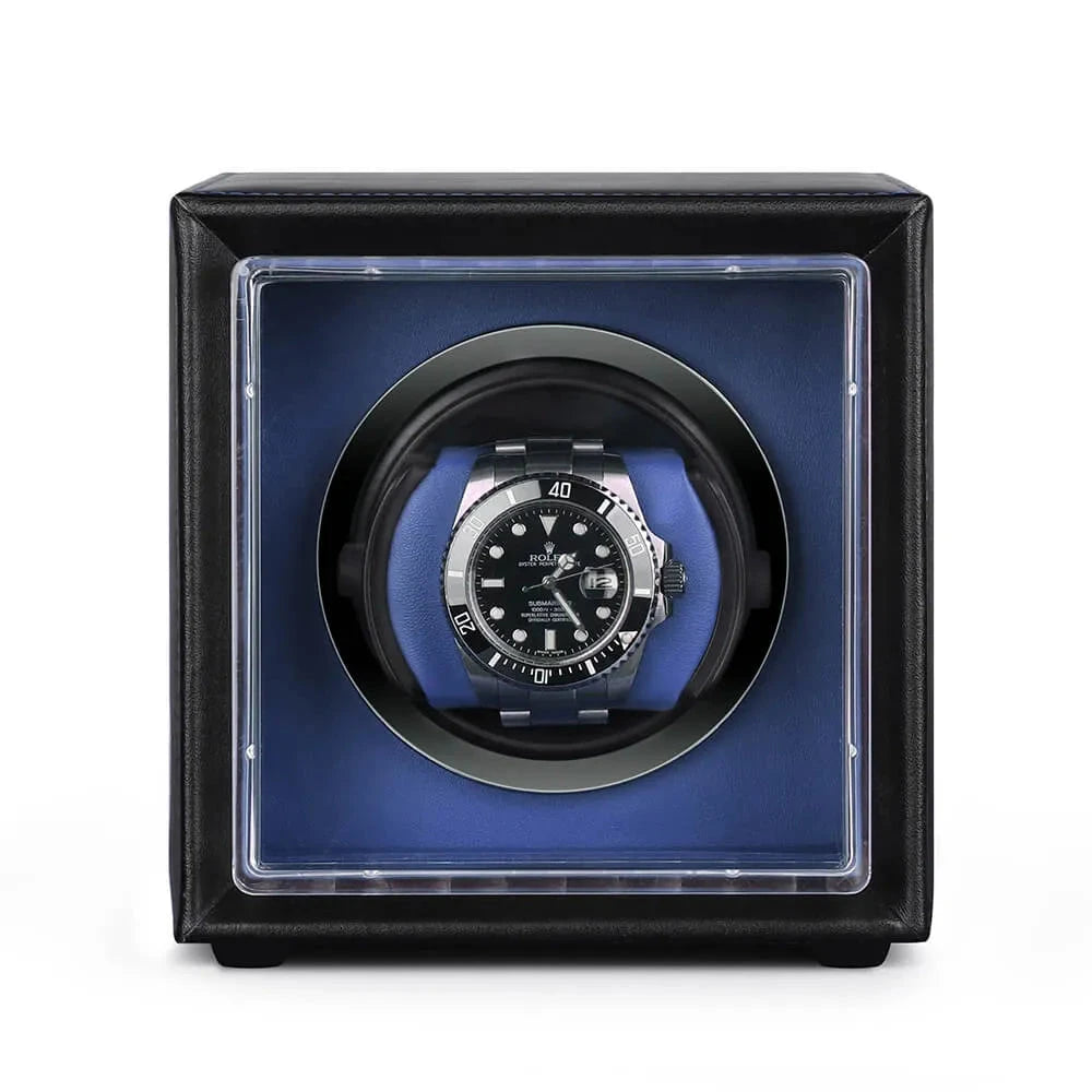 Single Watch Winder Black Leather Blue Lining Mains or Battery by Aevitas