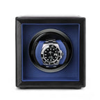 Single Watch Winder Black Leather Blue Lining Mains or Battery by Aevitas