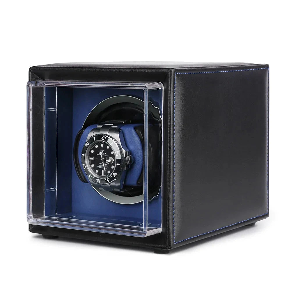 Single Watch Winder Black Leather Blue Lining Mains or Battery by Aevitas
