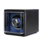 Single Watch Winder Black Leather Blue Lining Mains or Battery by Aevitas