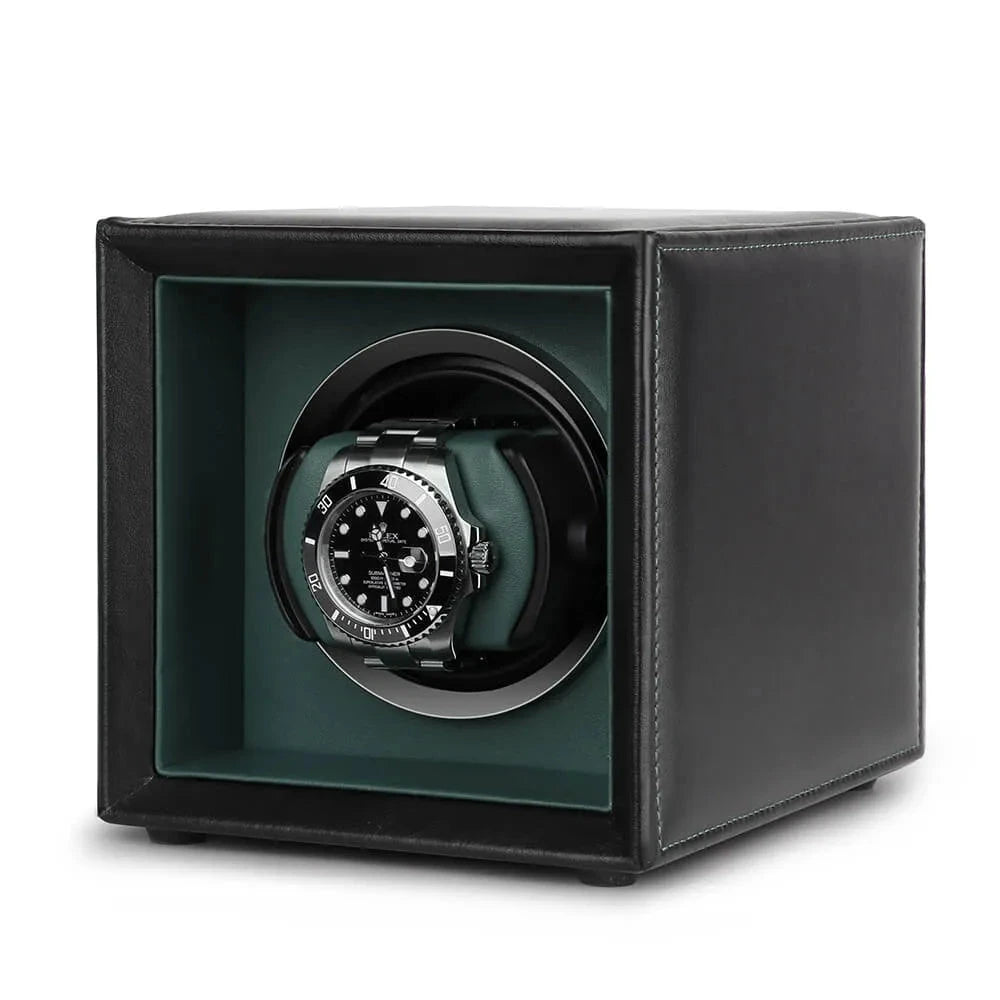 Single Watch Winder Black Leather Green Lining Mains or Battery by Aevitas