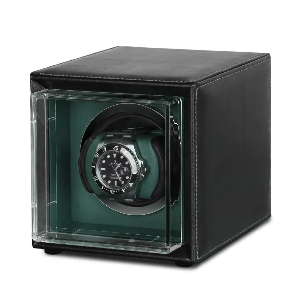 Single Watch Winder Black Leather Green Lining Mains or Battery by Aevitas