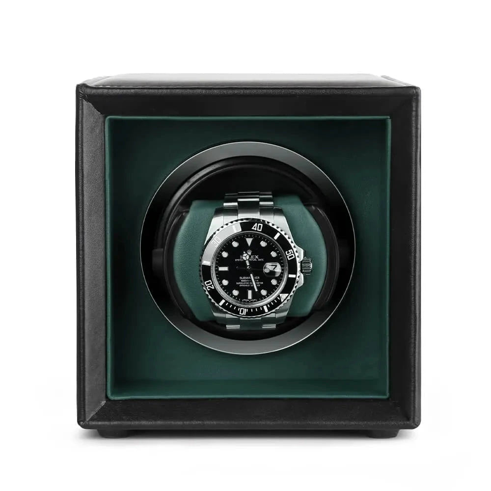 Single Watch Winder Black Leather Green Lining Mains or Battery by Aevitas