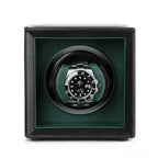 Single Watch Winder Black Leather Green Lining Mains or Battery by Aevitas