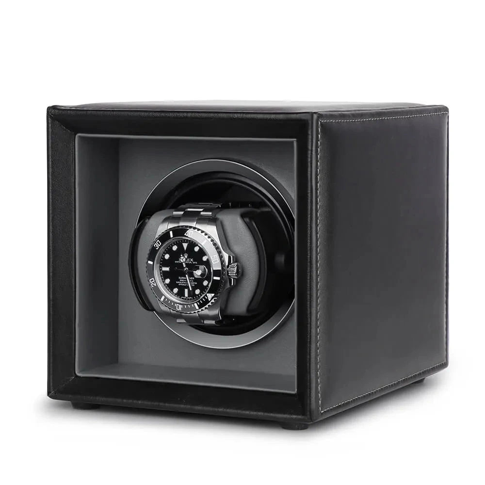 Single Watch Winder Black Leather Grey Lining Mains or Battery by Aevitas
