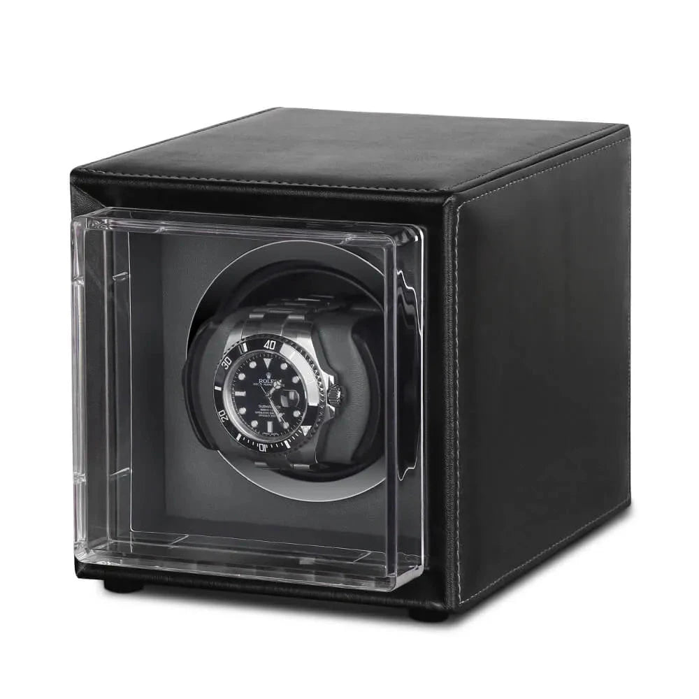 Single Watch Winder Black Leather Grey Lining Mains or Battery by Aevitas