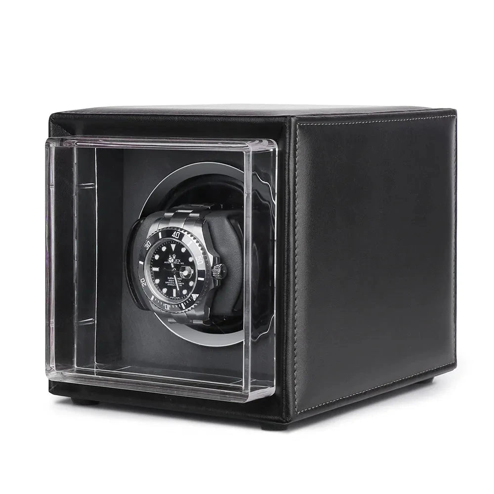 Single Watch Winder Black Leather Grey Lining Mains or Battery by Aevitas