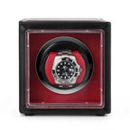 Single Watch Winder Black Leather Red Lining Mains or Battery by Aevitas