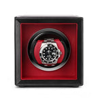 Single Watch Winder Black Leather Red Lining Mains or Battery by Aevitas