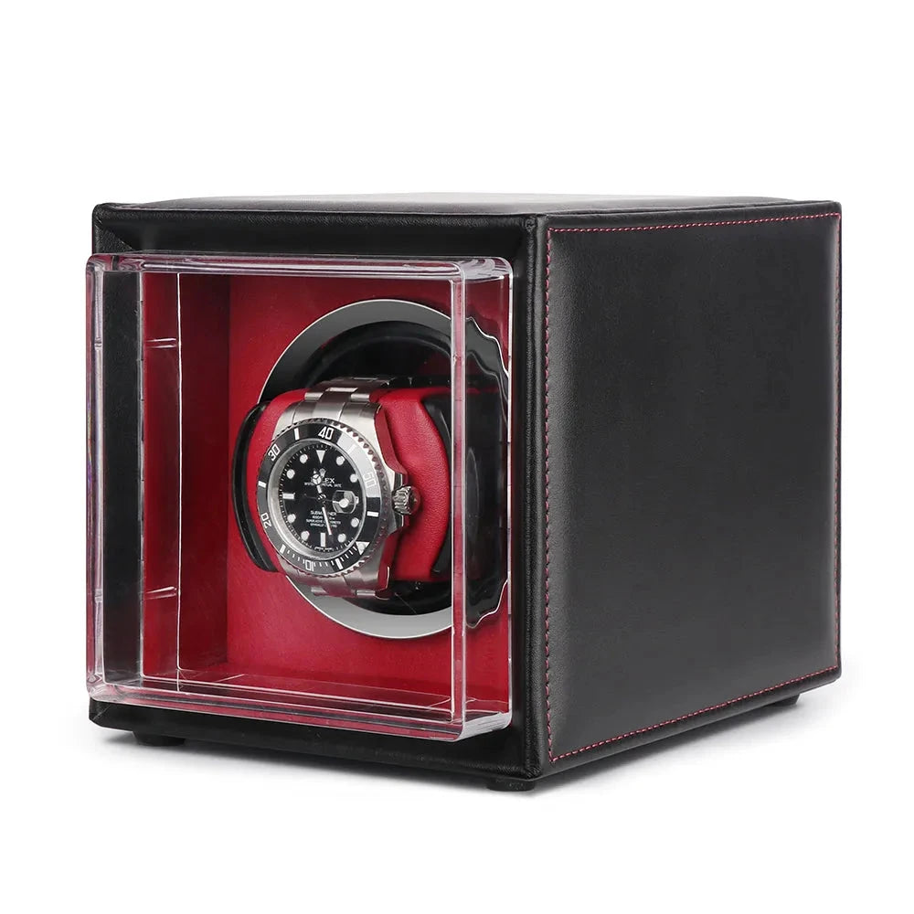 Single Watch Winder Black Leather Red Lining Mains or Battery by Aevitas