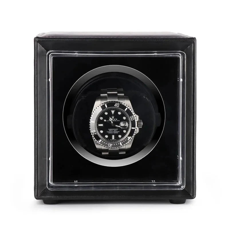 Single Watch Winder Black Leather Red Stitching Mains or Battery by Aevitas