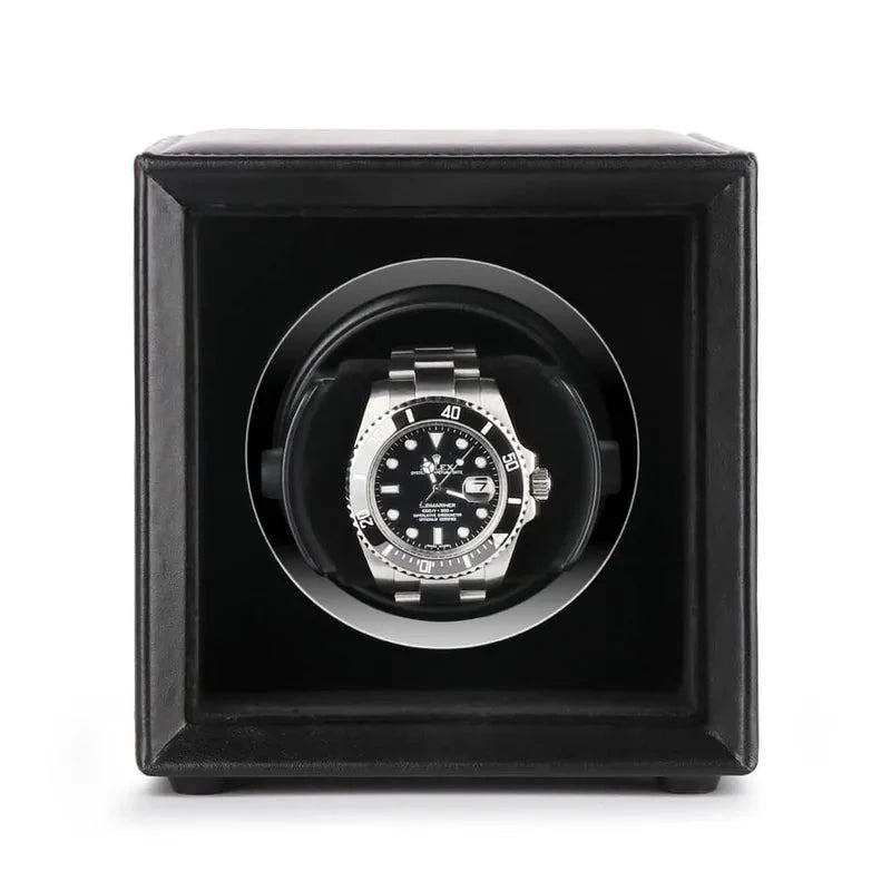 Single Watch Winder Black Leather Red Stitching Mains or Battery by Aevitas