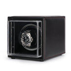 Single Watch Winder Black Leather Red Stitching Mains or Battery by Aevitas