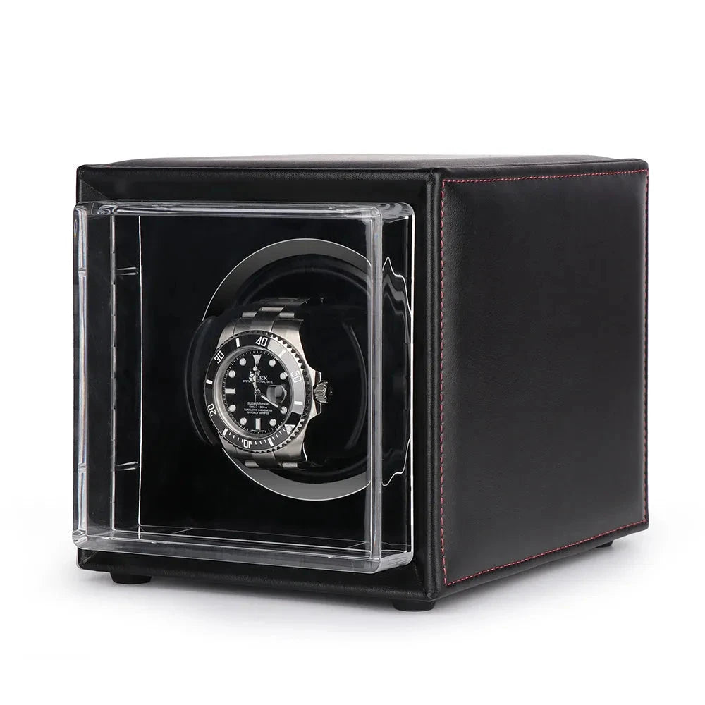 Single Watch Winder Black Leather Red Stitching Mains or Battery by Aevitas