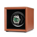 Single Watch Winder Brown Leather White Stitching Mains or Battery by Aevitas