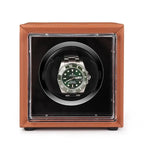 Single Watch Winder Brown Leather White Stitching Mains or Battery by Aevitas