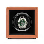 Single Watch Winder Brown Leather White Stitching Mains or Battery by Aevitas