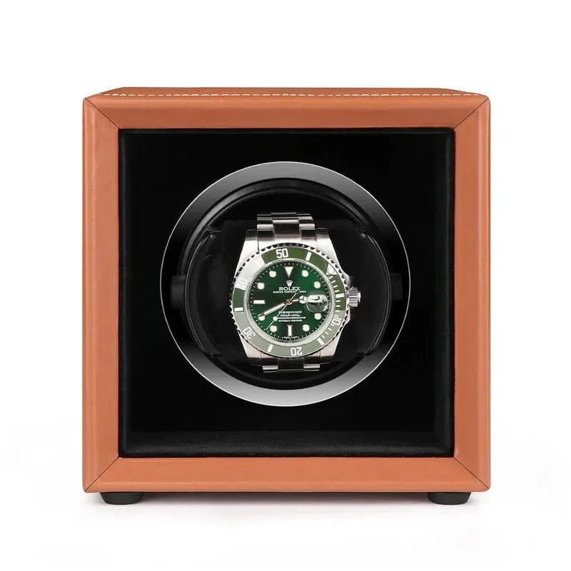 Single Watch Winder Brown Leather White Stitching Mains or Battery by Aevitas