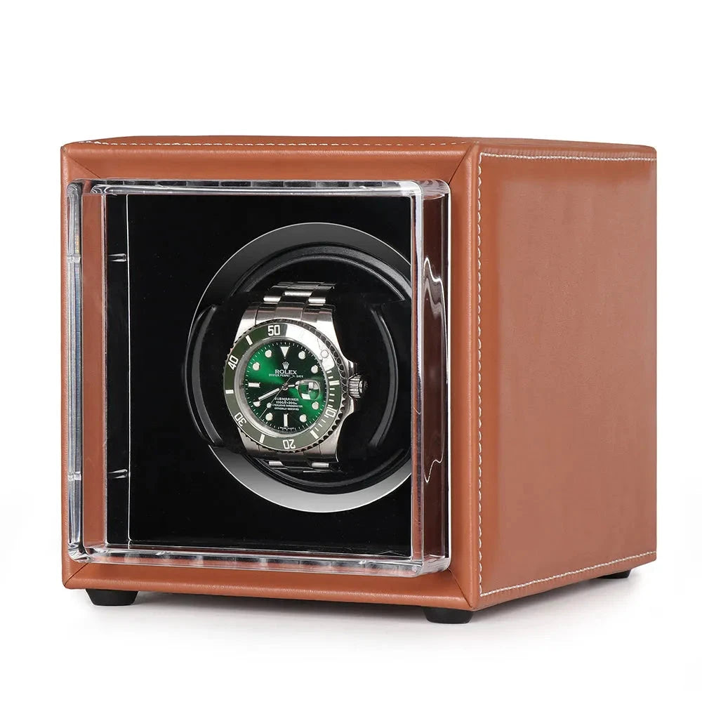 Single Watch Winder Brown Leather White Stitching Mains or Battery by Aevitas