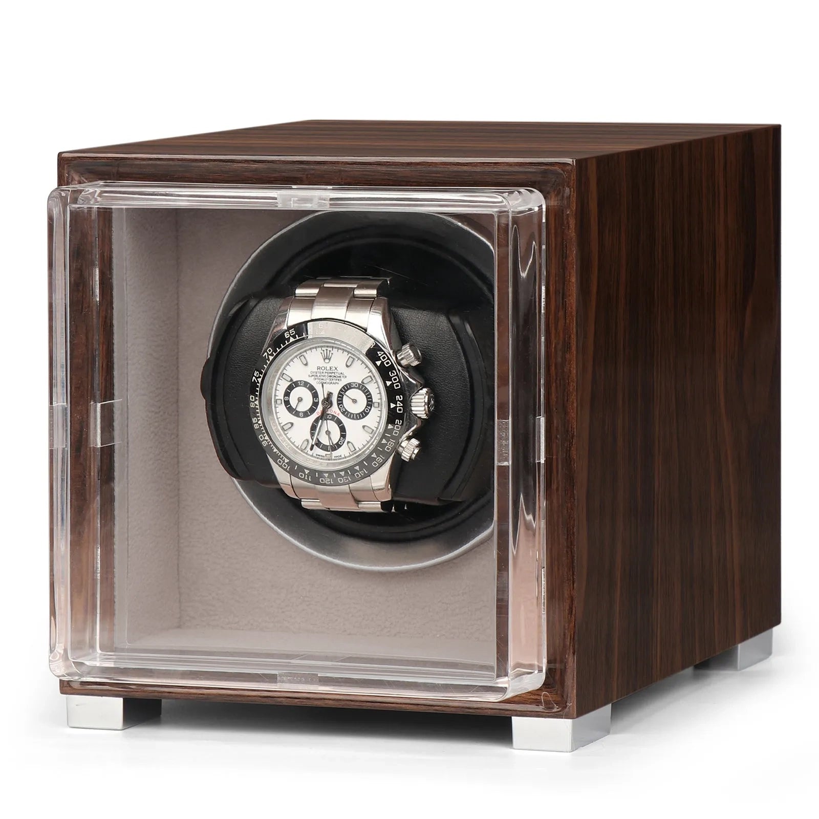 Single watch winder in glossy ebony Macassar wood with a clear glass door and a silver chronograph watch inside.