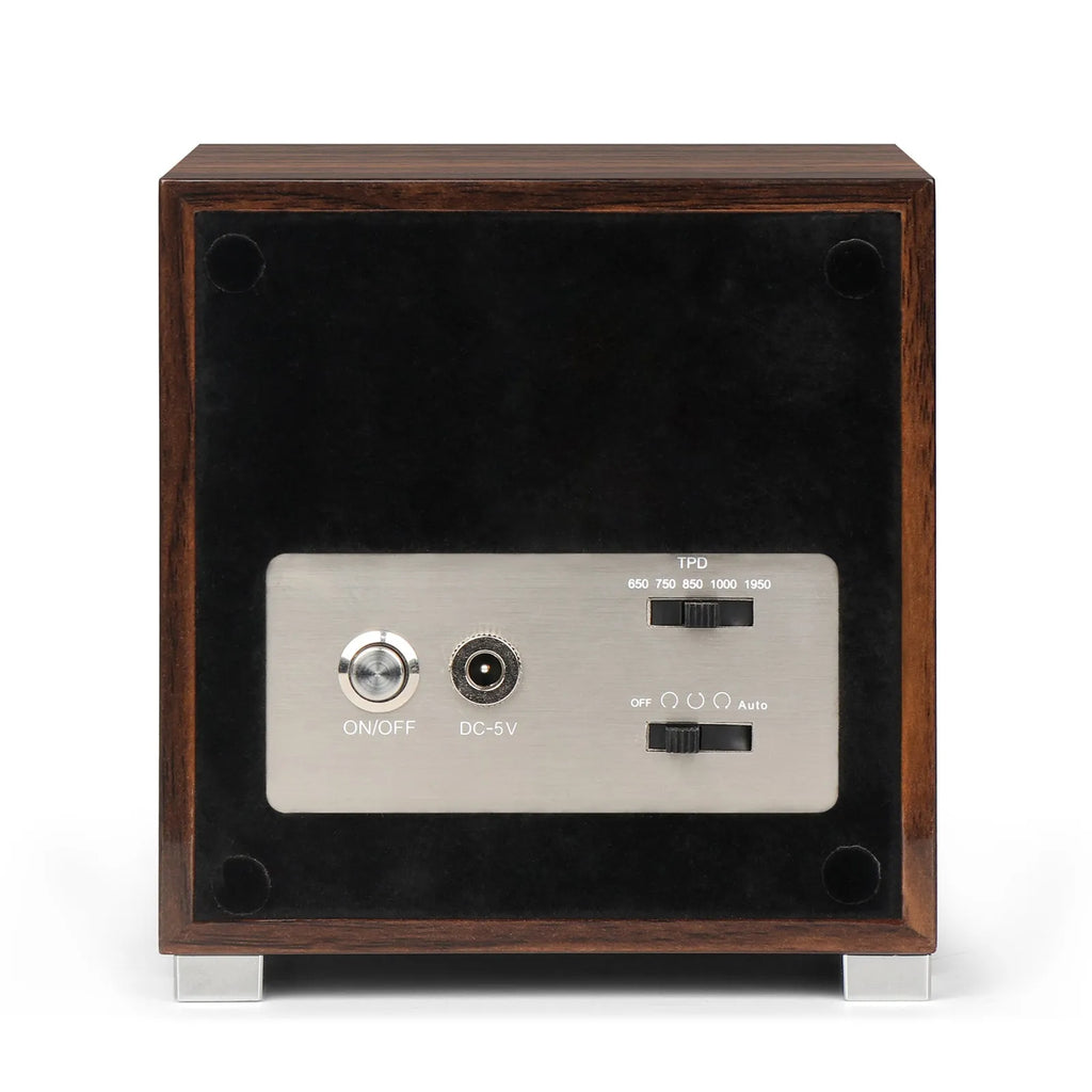 Rear view of an ebony wood watch winder featuring a silver control panel with TPD settings, power input, and on/off switch.