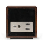 Rear view of an ebony wood watch winder featuring a silver control panel with TPD settings, power input, and on/off switch.
