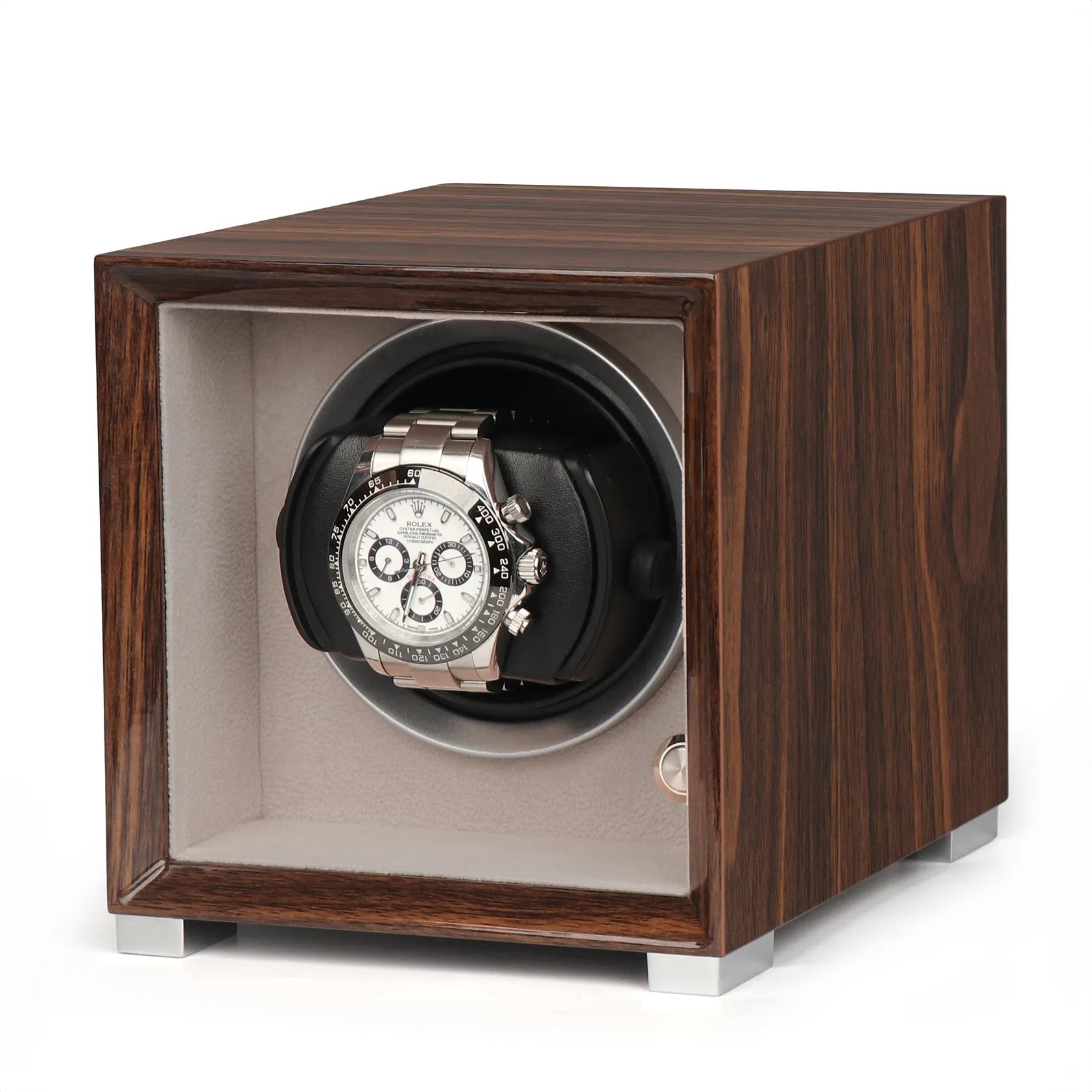 Single watch winder in glossy Ebony Macassar wood with a soft grey interior, featuring a silver automatic watch inside.