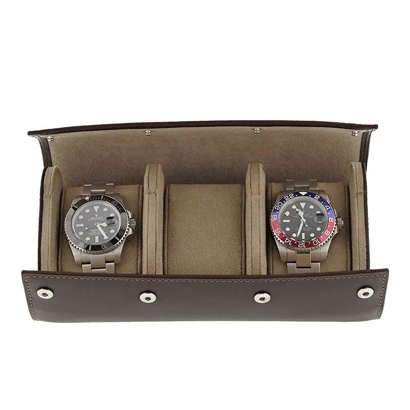 Triple Watch Roll Case in Premium Dark Brown Calf Leather by Aevitas
