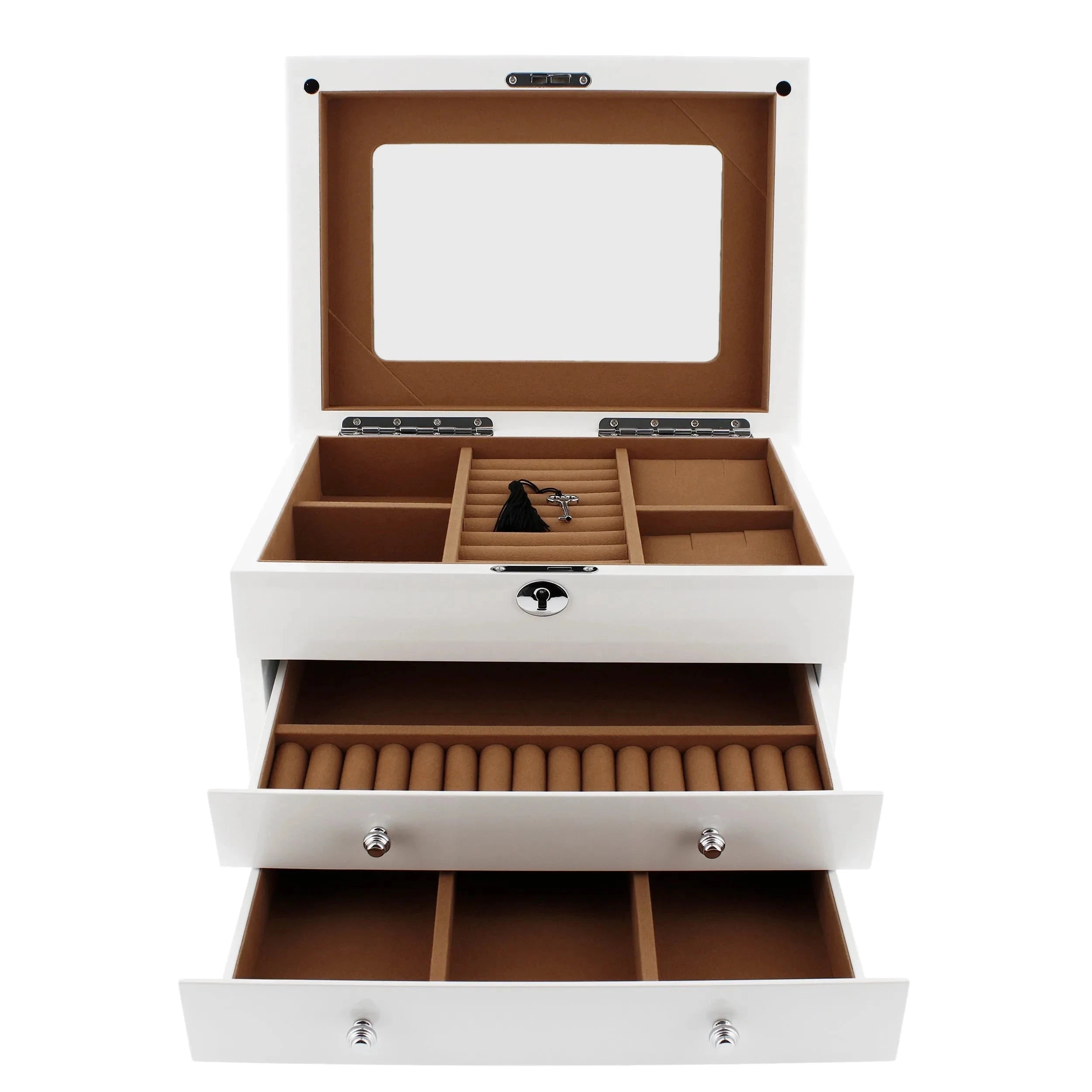 Extra Large Premium Jewellery Box White Wood with Camel Colour Lining by Aevitas
