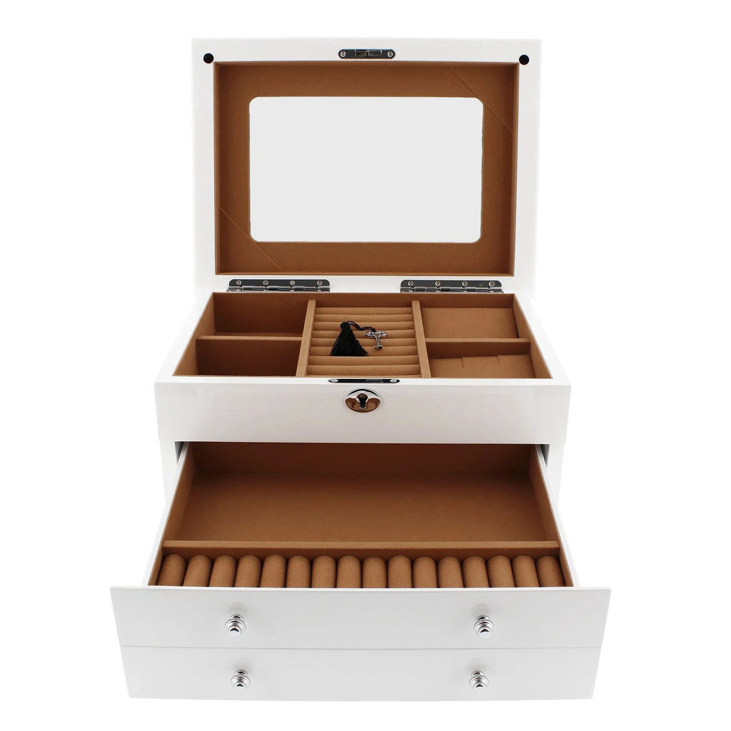 Extra Large Premium Jewellery Box White Wood with Camel Colour Lining by Aevitas