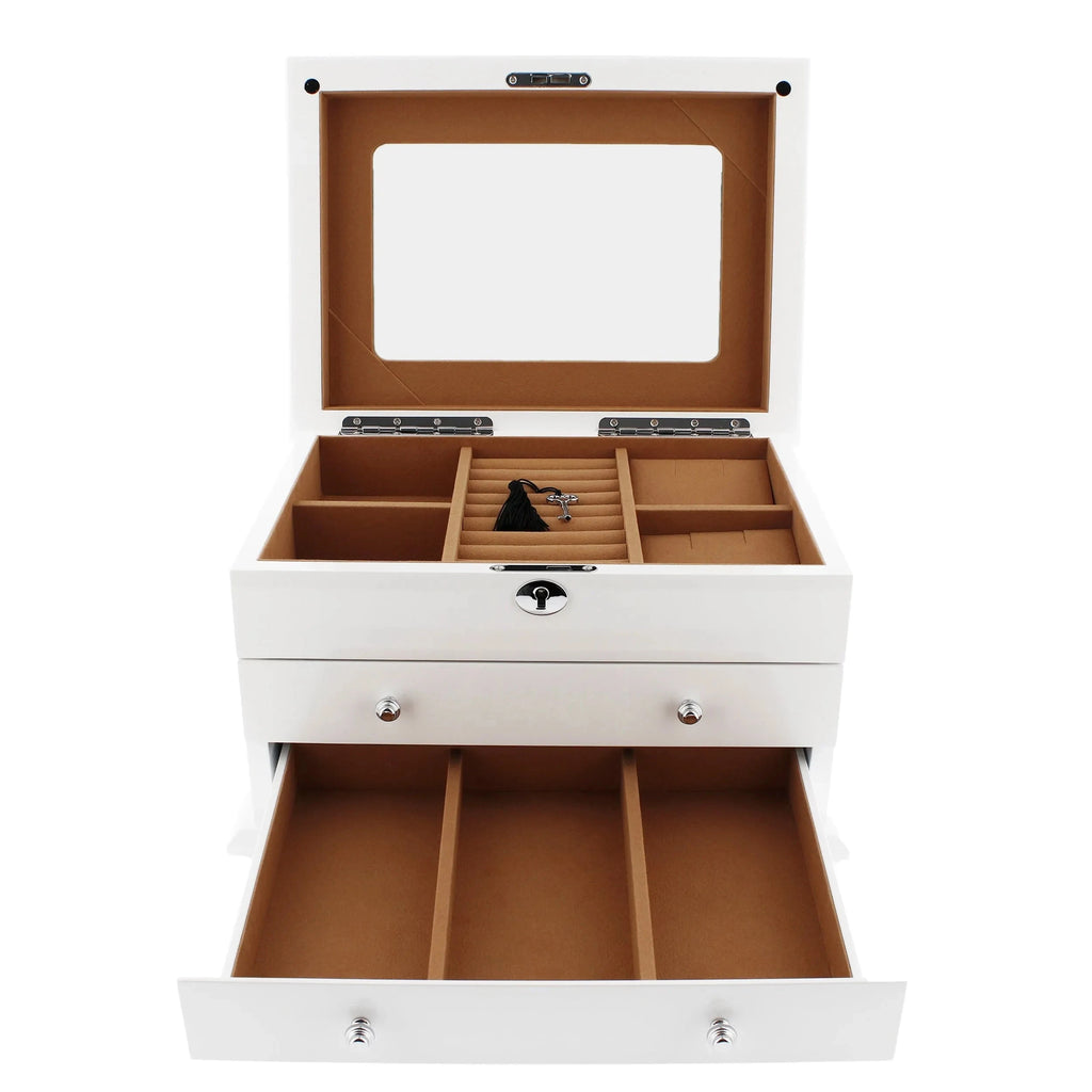 Extra Large Premium Jewellery Box White Wood with Camel Colour Lining by Aevitas
