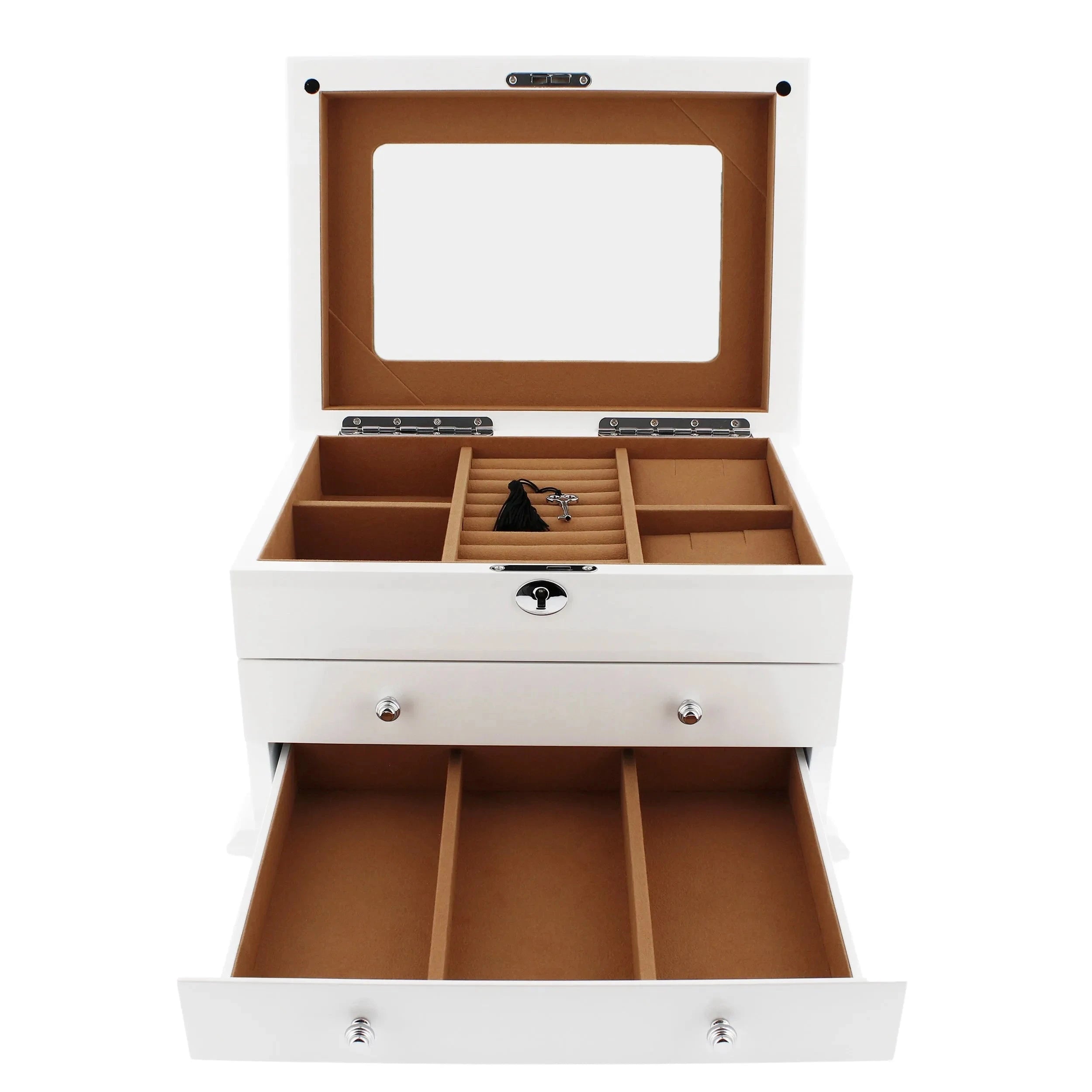 Extra Large Premium Jewellery Box White Wood with Camel Colour Lining by Aevitas