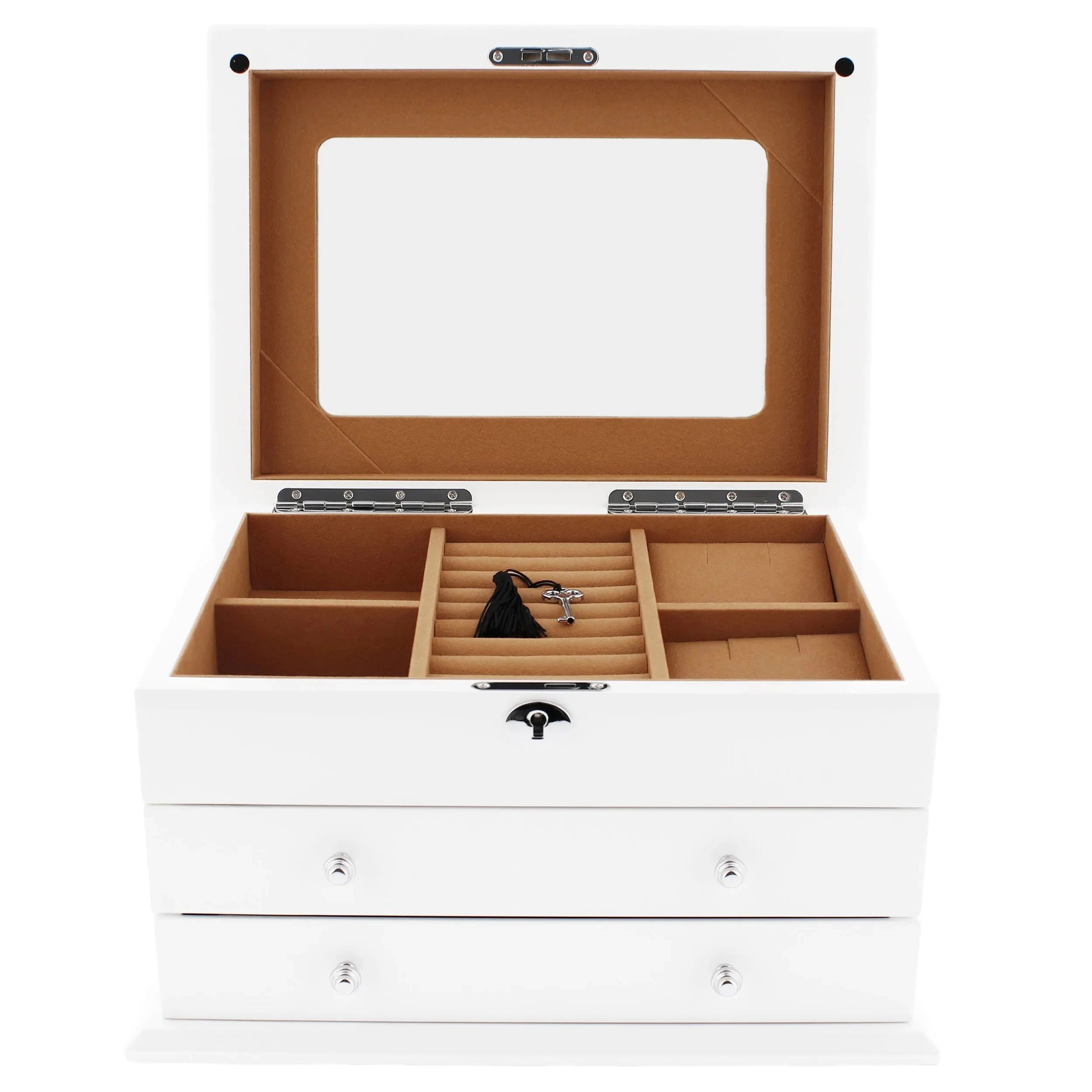 Extra Large Premium Jewellery Box White Wood with Camel Colour Lining by Aevitas