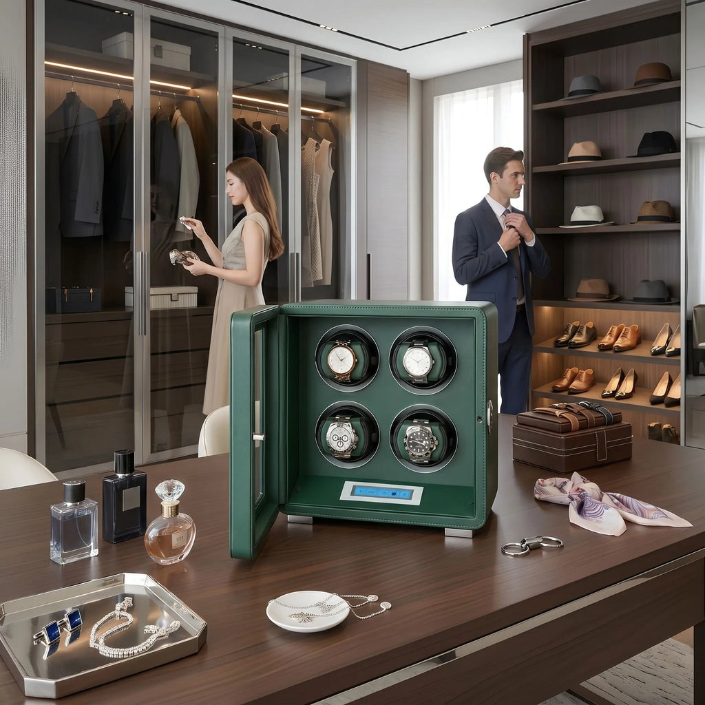 Automatic 4 Watch Winder in Dark Green Smooth Leather Finish by Aevitas