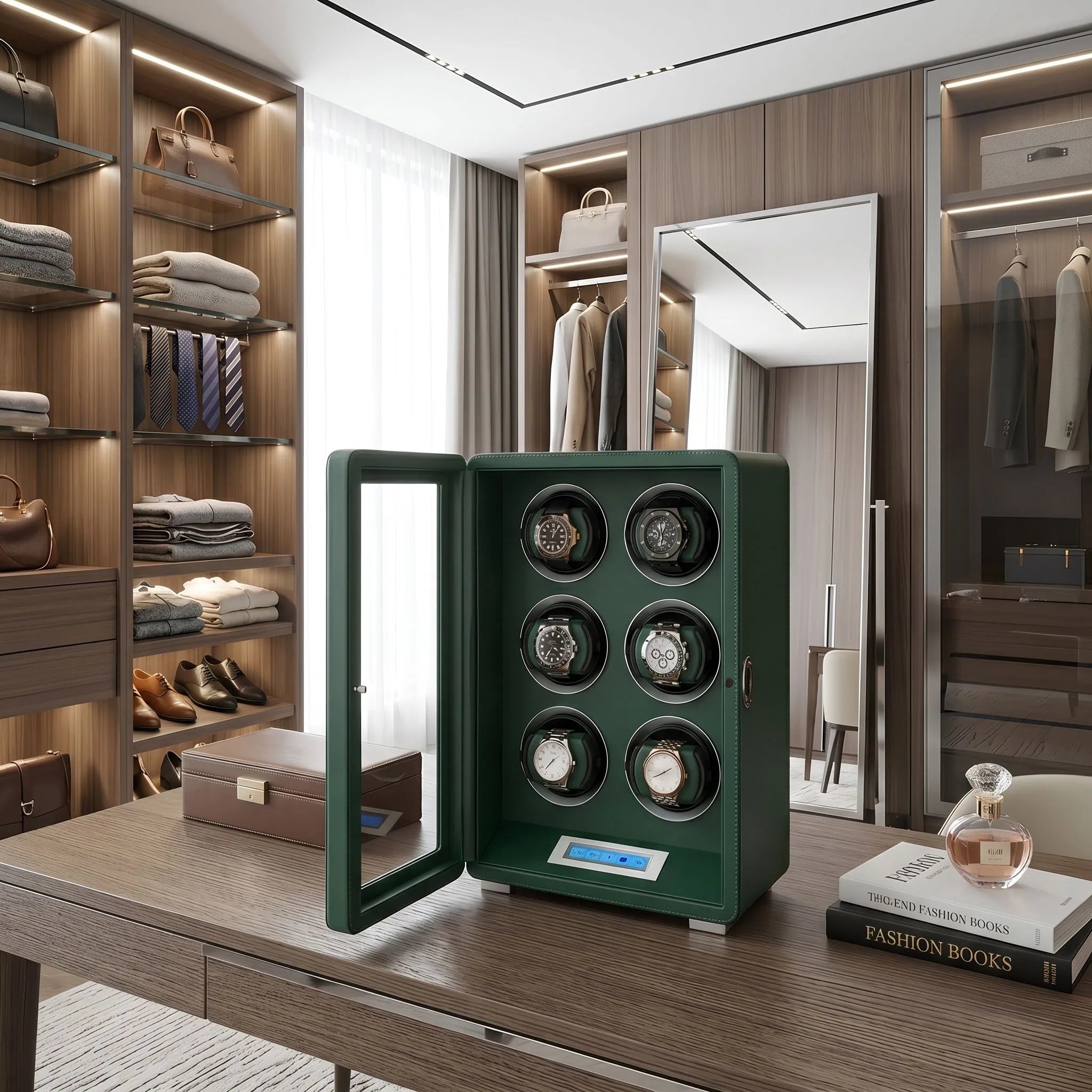 Automatic 6 Watch Winder Dark Green Smooth Leather Finish by Aevitas