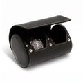 Black genuine leather double watch roll travel case by Aevitas, with soft lining, protective for watches during travel, shown with a Rolex.