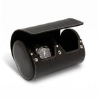 Black genuine leather double watch roll travel case by Aevitas, with soft lining, protective for watches during travel, shown with a Rolex.