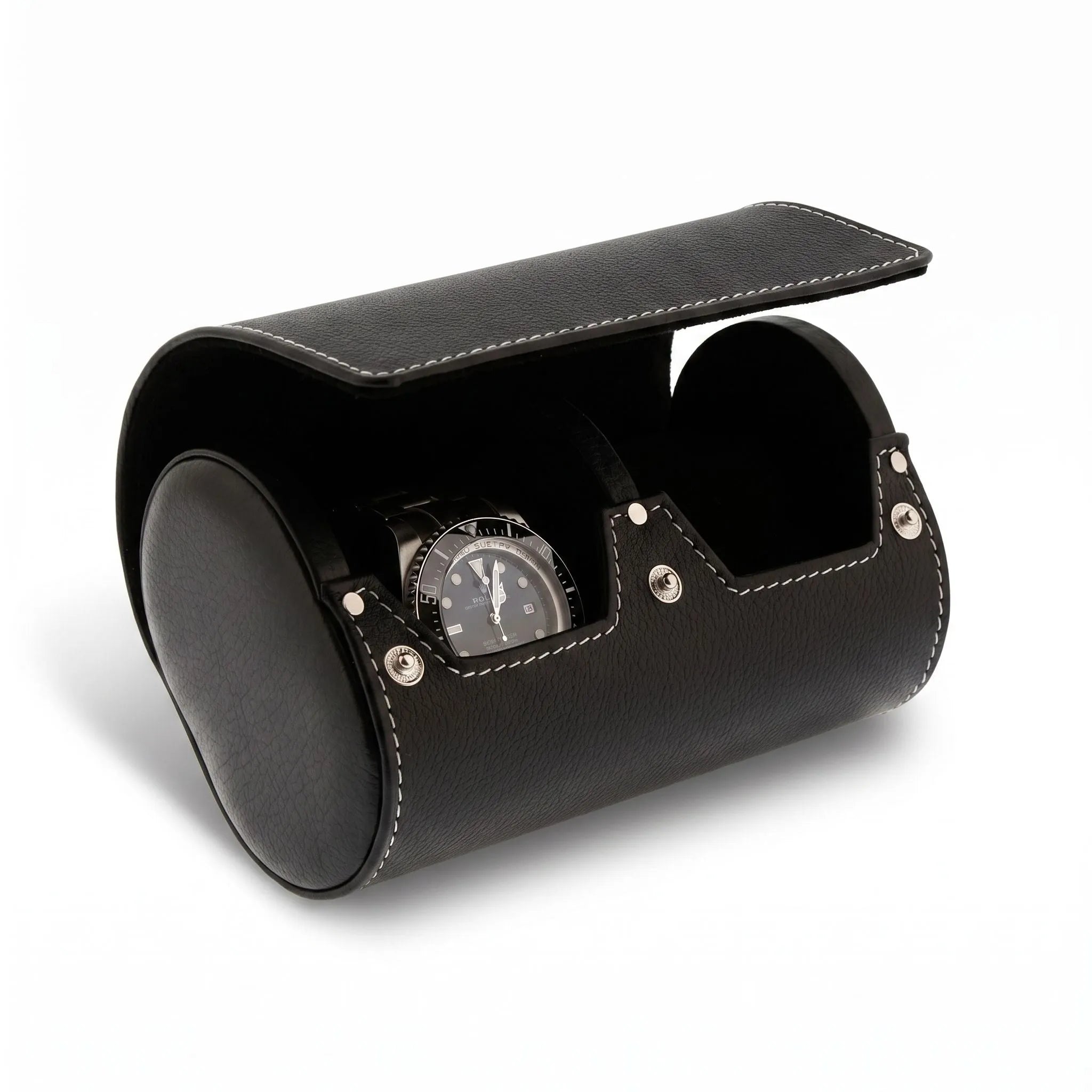 Black genuine leather double watch roll travel case by Aevitas, with soft lining, protective for watches during travel, shown with a Rolex.
