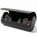 Black genuine leather triple watch roll travel case by Aevitas, soft lining, protects watches during travel, sleek and sturdy design, gift-ready.