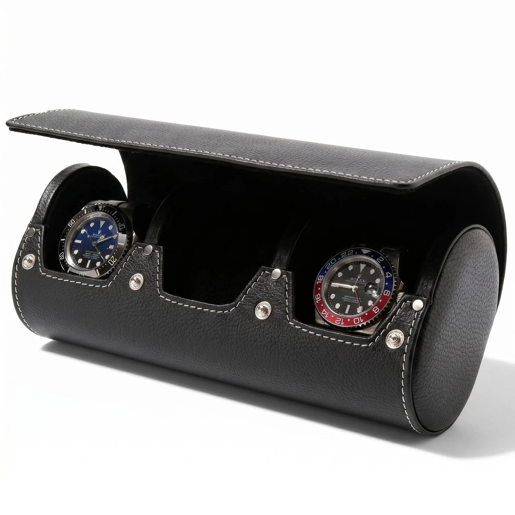 Black genuine leather triple watch roll travel case by Aevitas, soft lining, protects watches during travel, sleek and sturdy design, gift-ready.