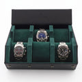 Black vegan leather 6-watch travel case with green lining and hexagon style design, showcasing its protective interior and compact structure.