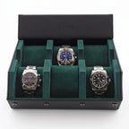 Black vegan leather 6-watch travel case with green lining and hexagon style design, showcasing its protective interior and compact structure.