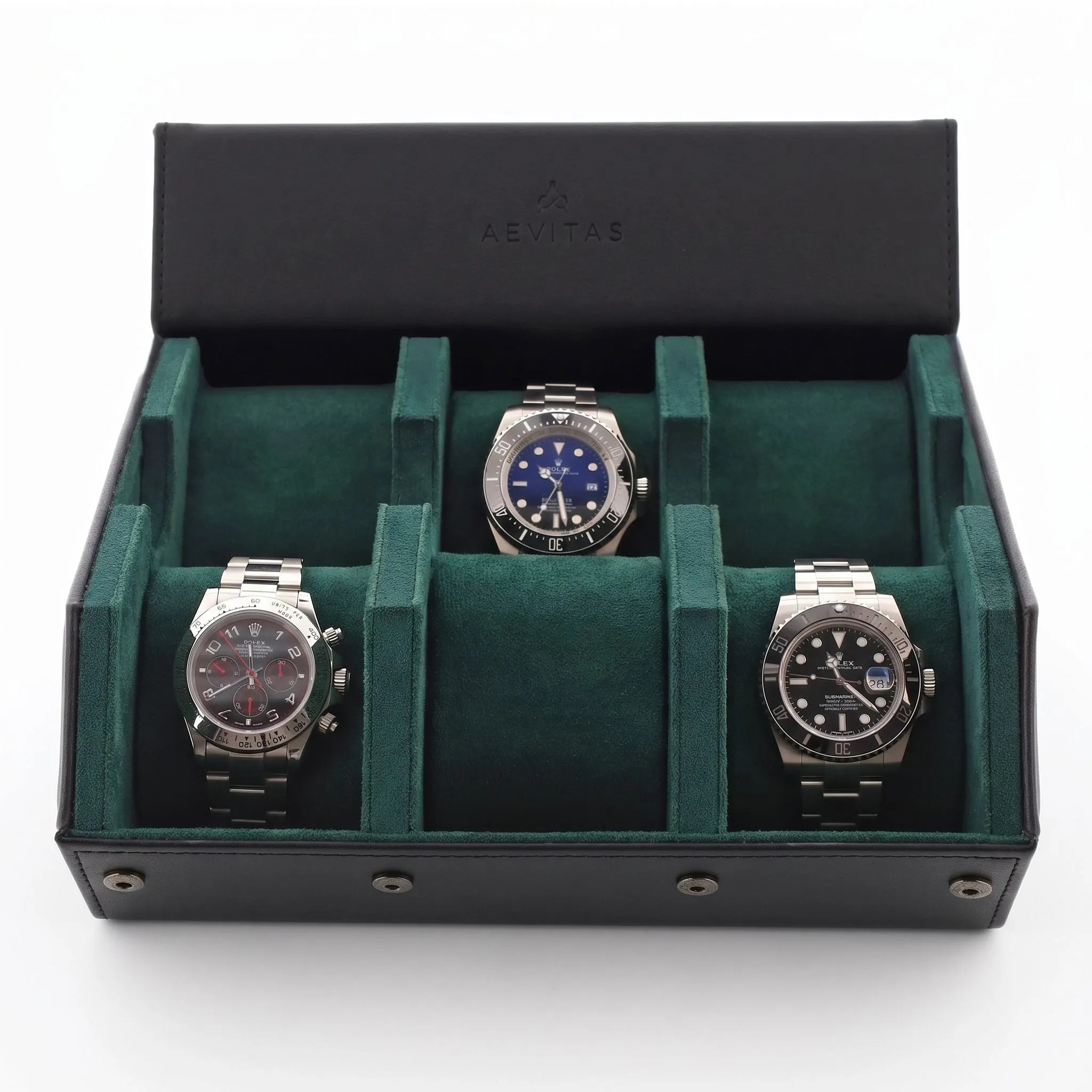 Black vegan leather 6-watch travel case with green lining and hexagon style design, showcasing its protective interior and compact structure.