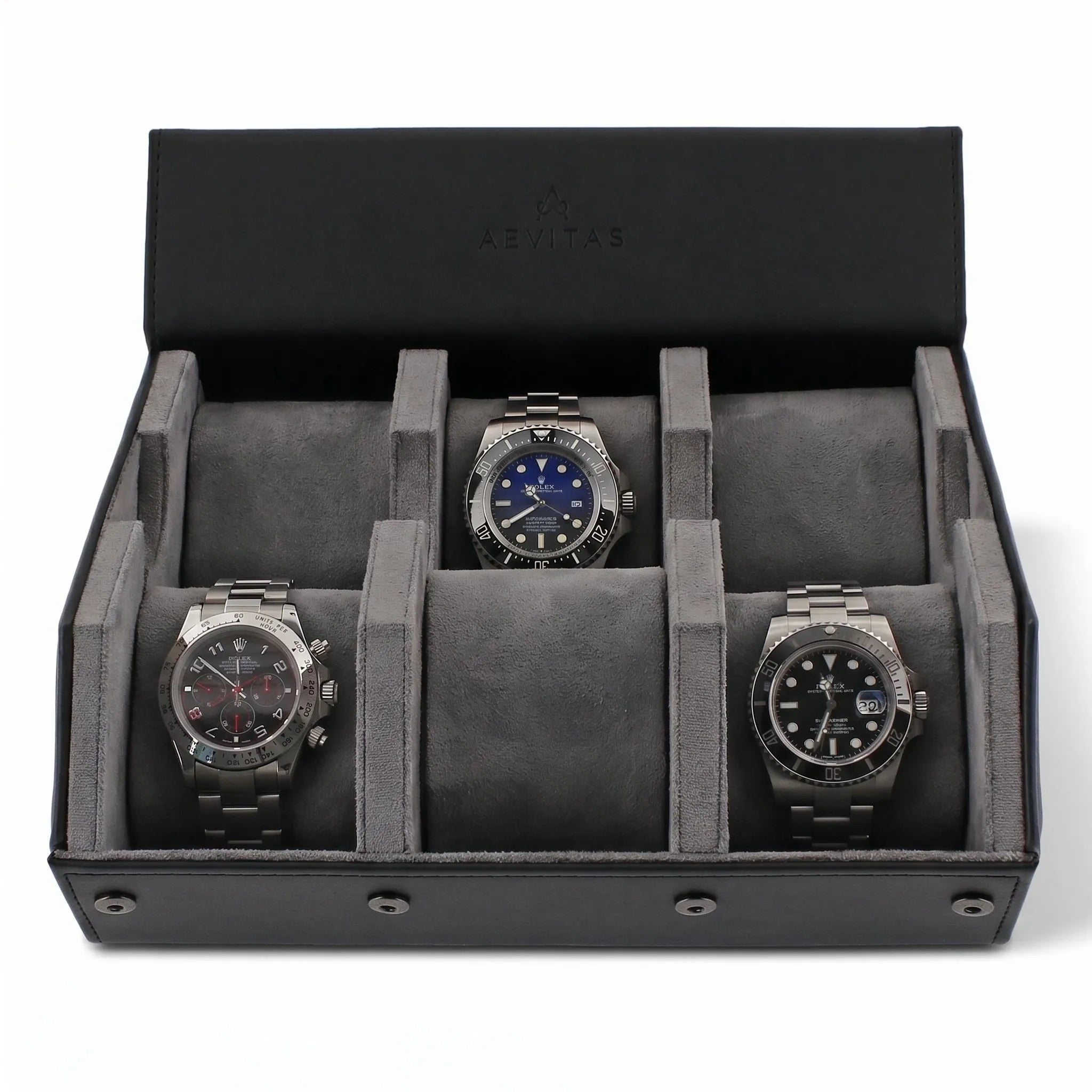 High-resolution image of a black leather watch travel case with grey lining, hexagon design, against a white background with gentle right side light.