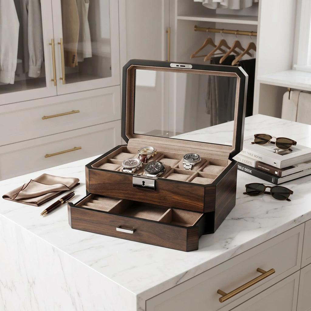 10 Watch Box With Drawer in Natural Dark Walnut Veneer Finish by Aevitas