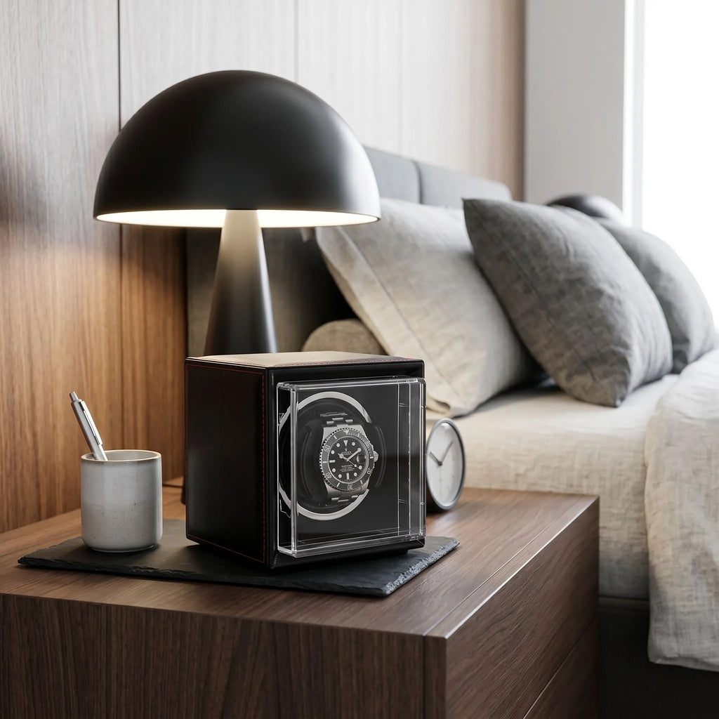Single Watch Winder Black Leather Red Stitching Mains or Battery by Aevitas